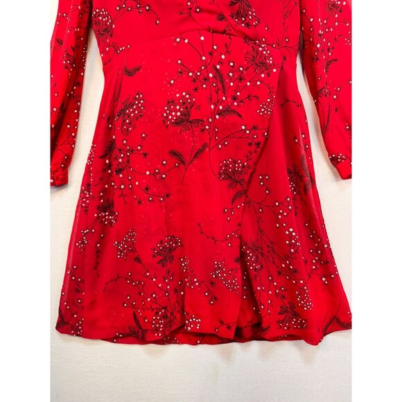 Madewell Womens Short Wrap Dress Size 6 Red Floral Sheer Sleeves - Picture 2 of 10